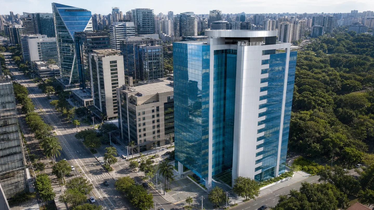Vista aérea 3D ilustrativa da região empresarial da Berrini, em São Paulo